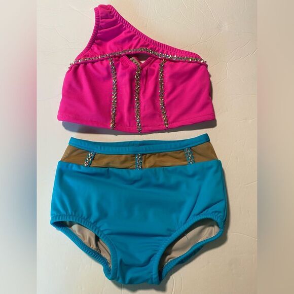 Custom made solo dance costume hot pink neon rhinestone 2 piece set child 10 - Picture 4 of 13